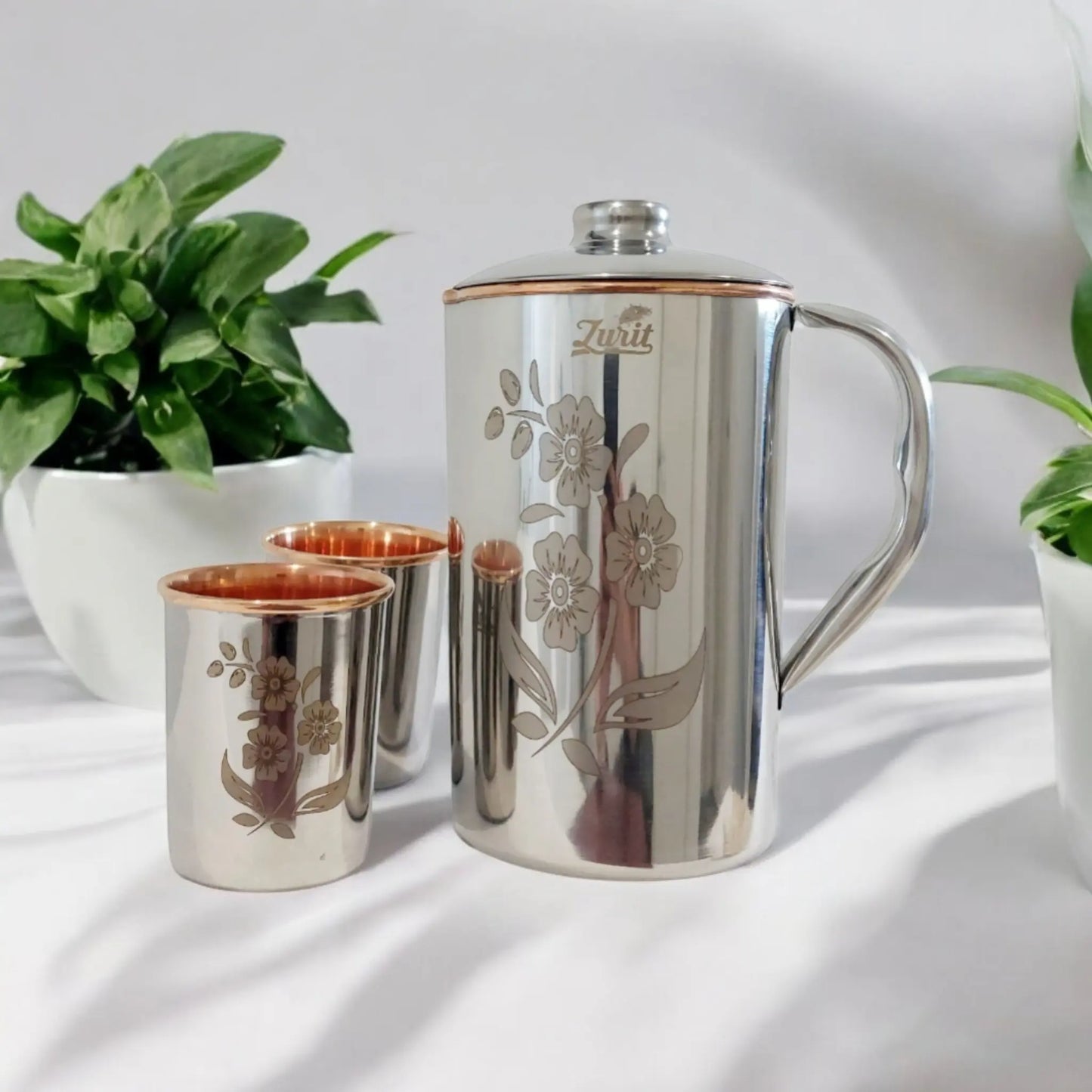 Pure Steel-Finished Copper Drinkware Set - Lasered Floral Design 1500 ml Zurit Enterprise Pty Ltd