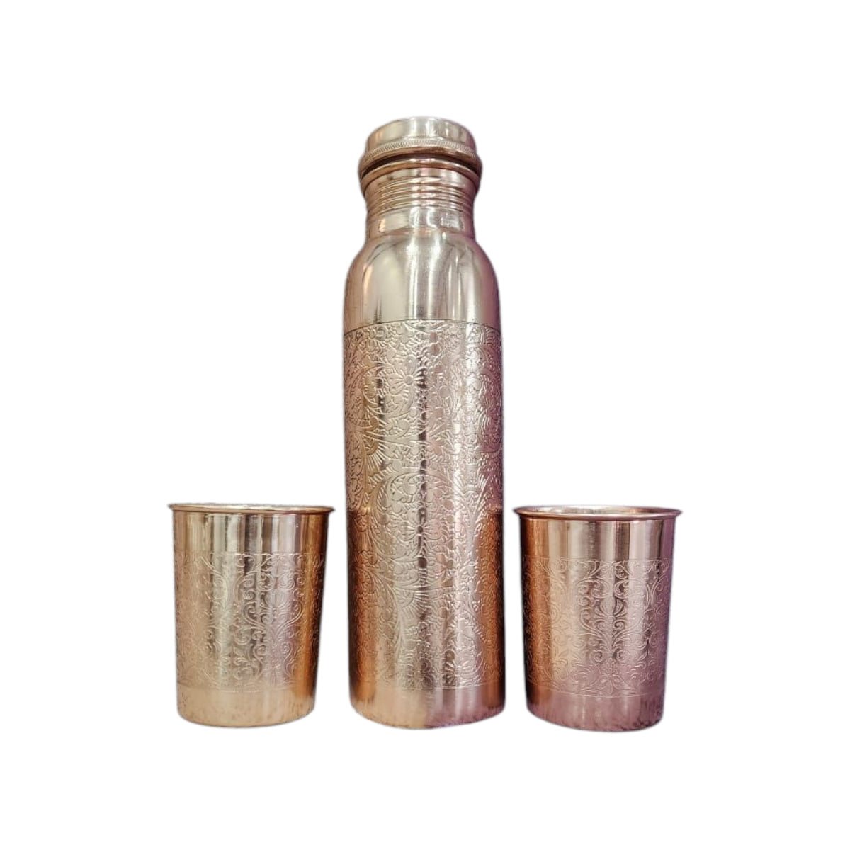 Radiant Etched Copper Bottle Set – 950ml Bottle with Two 250ml Cups Zurit Enterprise
