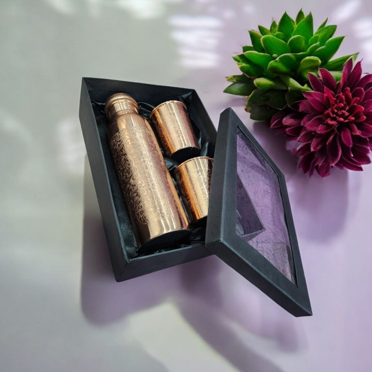 Radiant Etched Copper Bottle Set – 950ml Bottle with Two 250ml Cups Zurit Enterprise