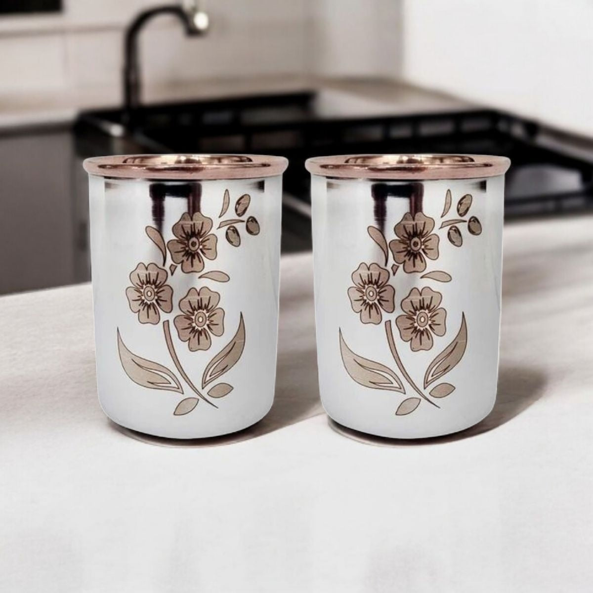 Steel-Finish Copper Cup – Floral Laser Design 300ml Zurit Enterprise
