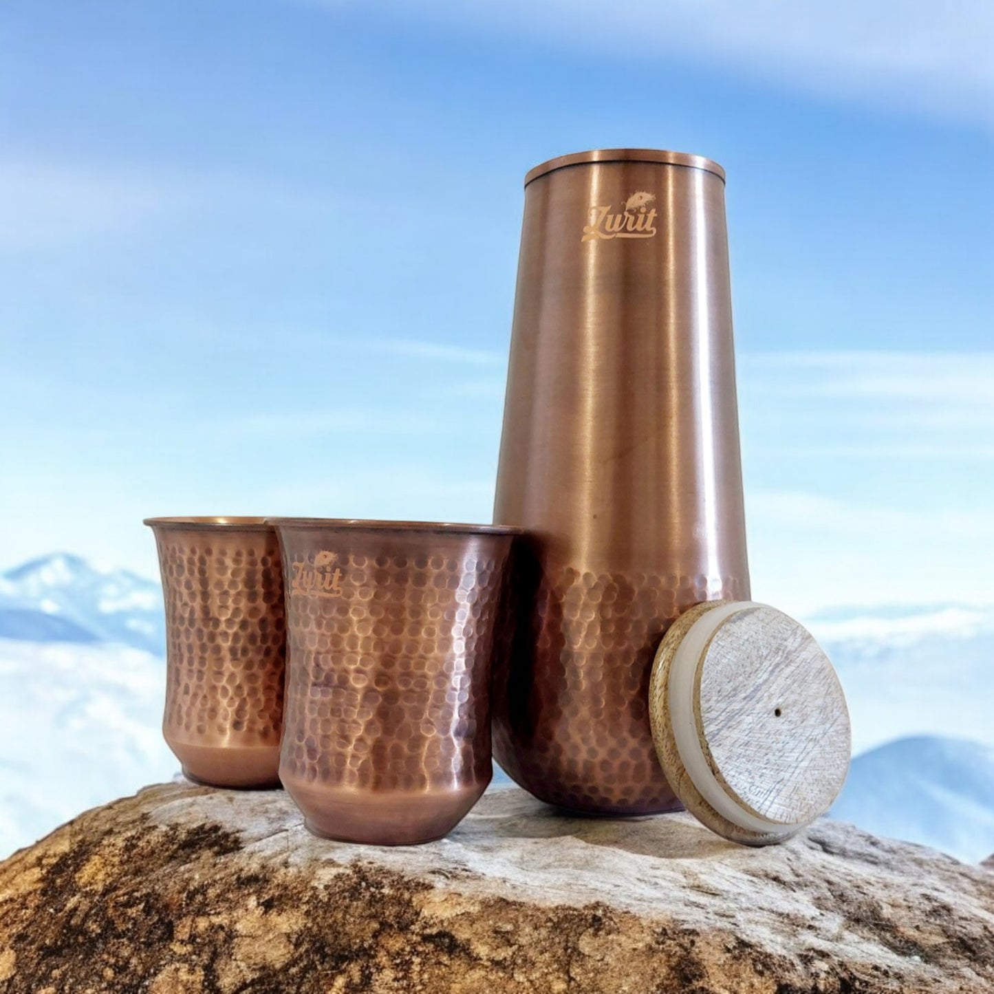 Luxury Dark Antique Copper Bottle Set with Wooden Lid & Matching Cups Zurit Enterprise Pty Ltd