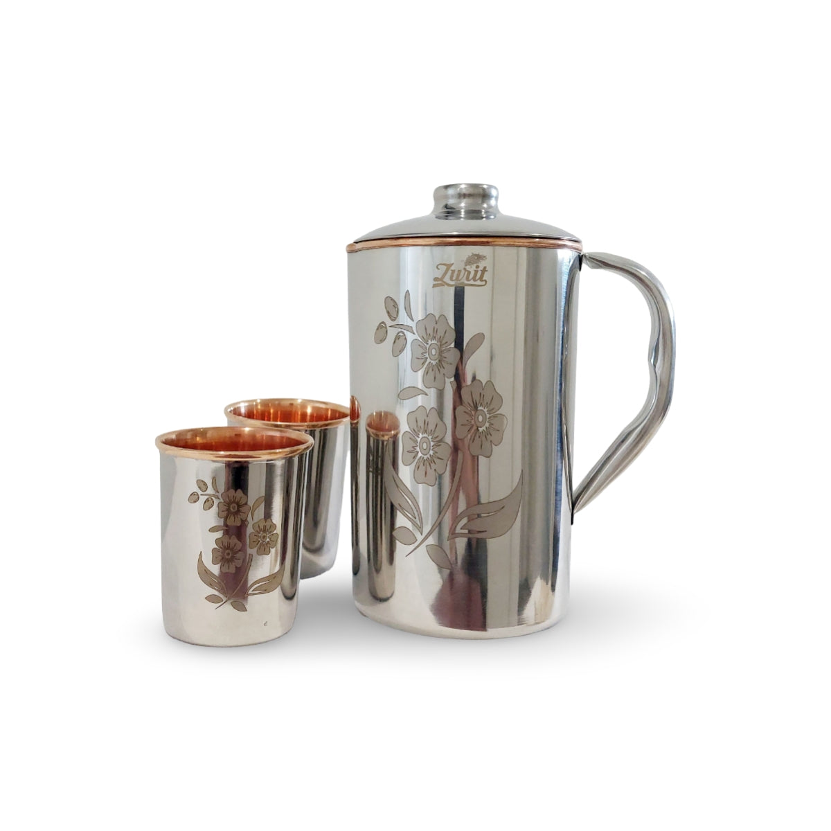 Pure Steel-Finished Copper Drinkware Set - Lasered Floral Design 1500 ml