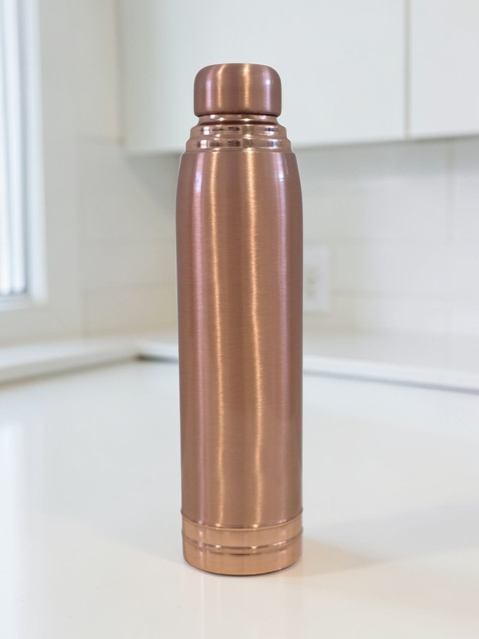 Copper-colored water bottle on a white surface